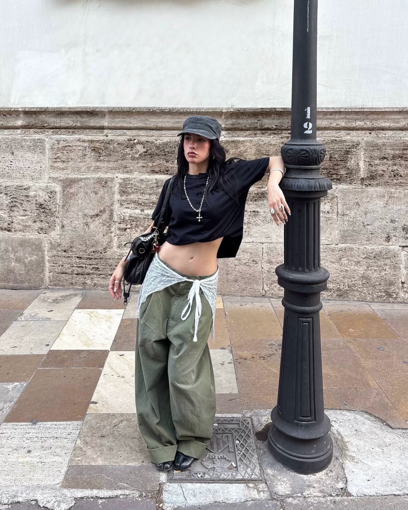 Washed Green Herringbone Wide Leg Pants
