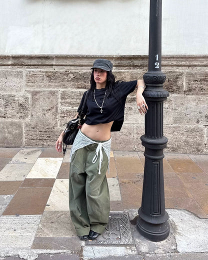 Washed Green Herringbone Wide Leg Pants