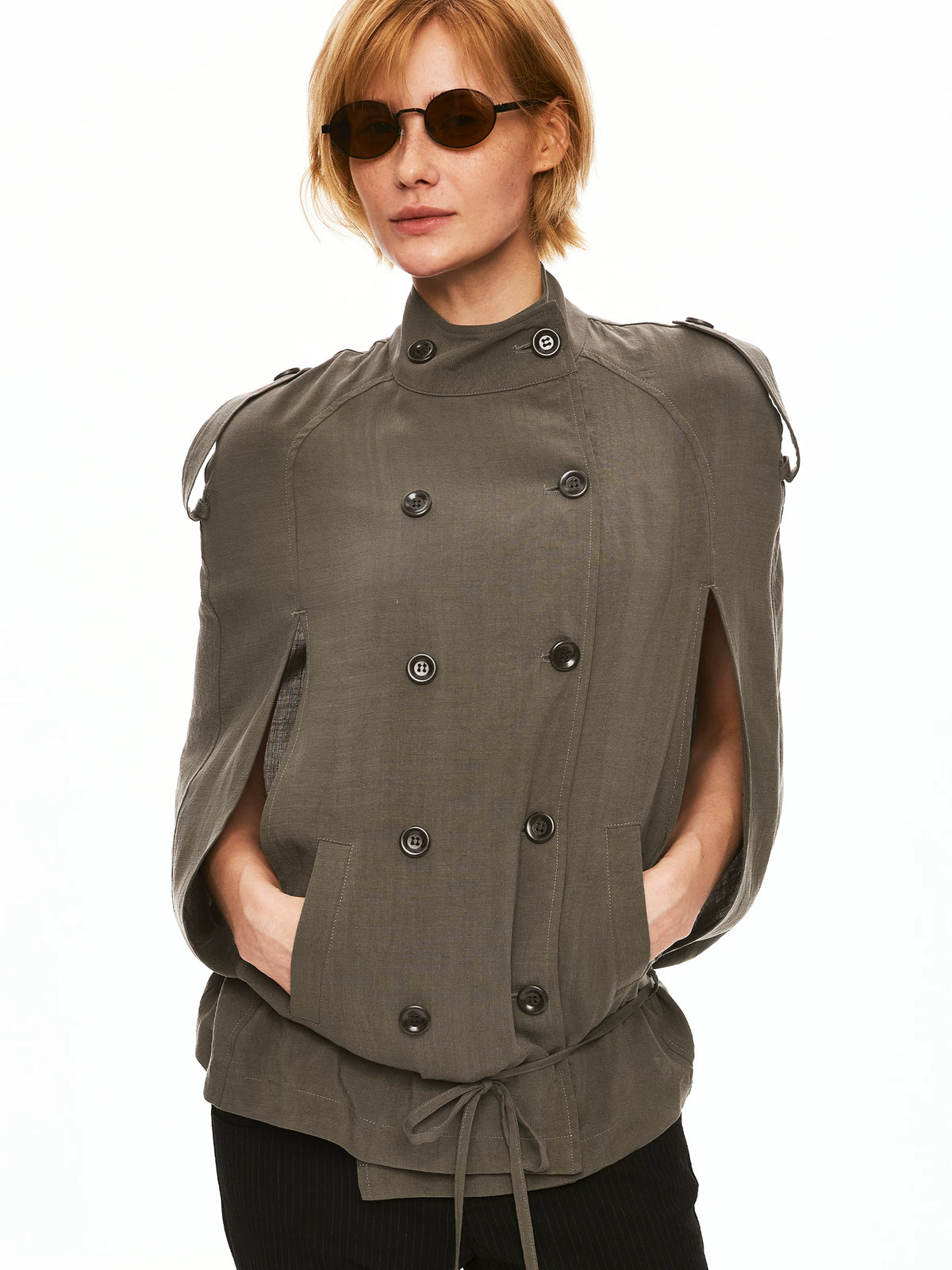 Linen Lyocell Double-Breasted Cape Sleeve Belted Shirt