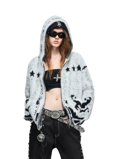 Tiger Pattern Hooded Knit Cardigan — black and white tiger pattern cardigan view