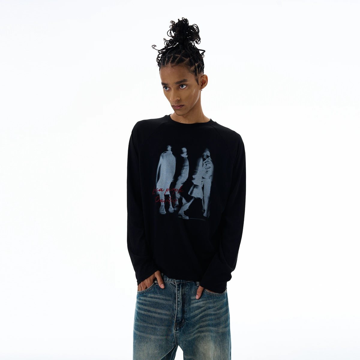 Black graphic T-shirt, front detail