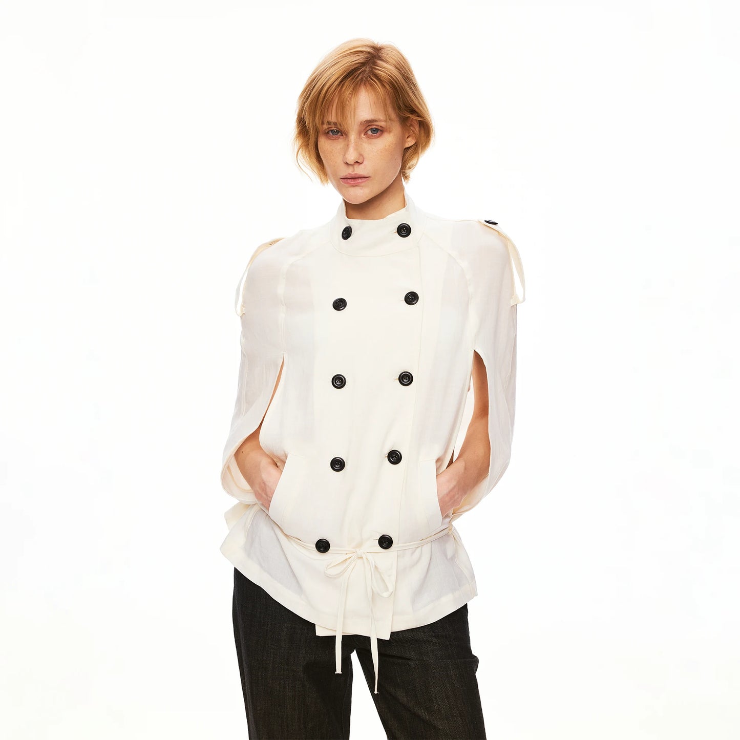Linen Lyocell Double-Breasted Cape Sleeve Belted Shirt