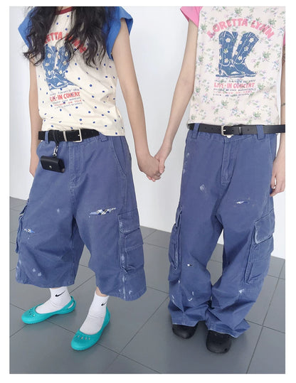 Distressed Splatter Print Wide-Leg Denim Shorts