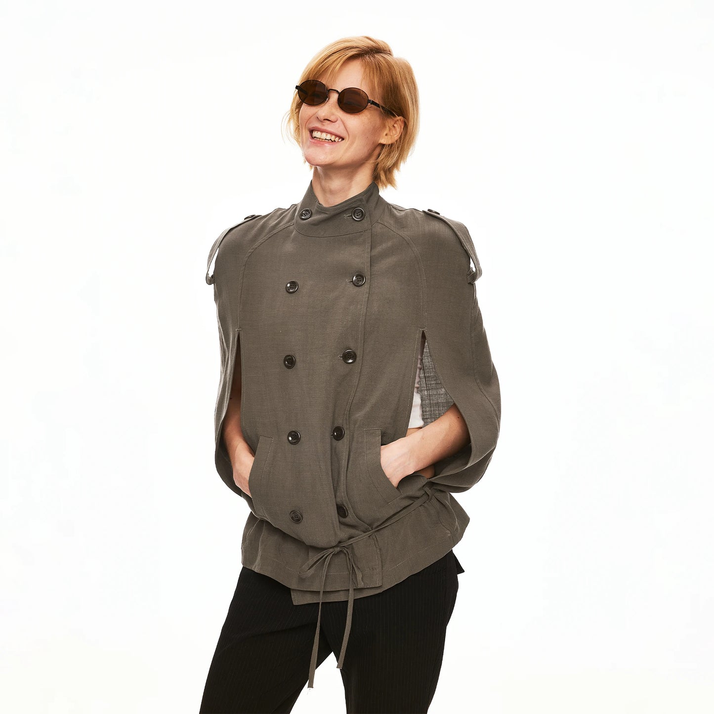 Linen Lyocell Double-Breasted Cape Sleeve Belted Shirt