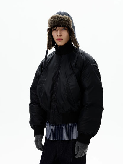 Black relaxed bomber jacket, front detail