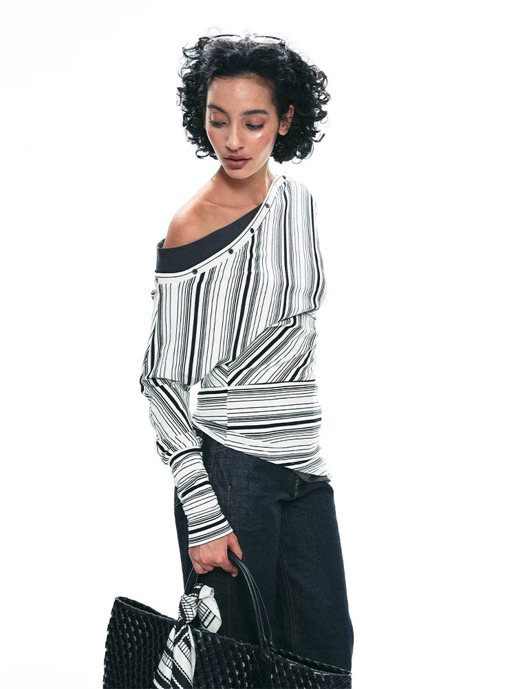 Striped One-Shoulder Long Sleeve Top product view