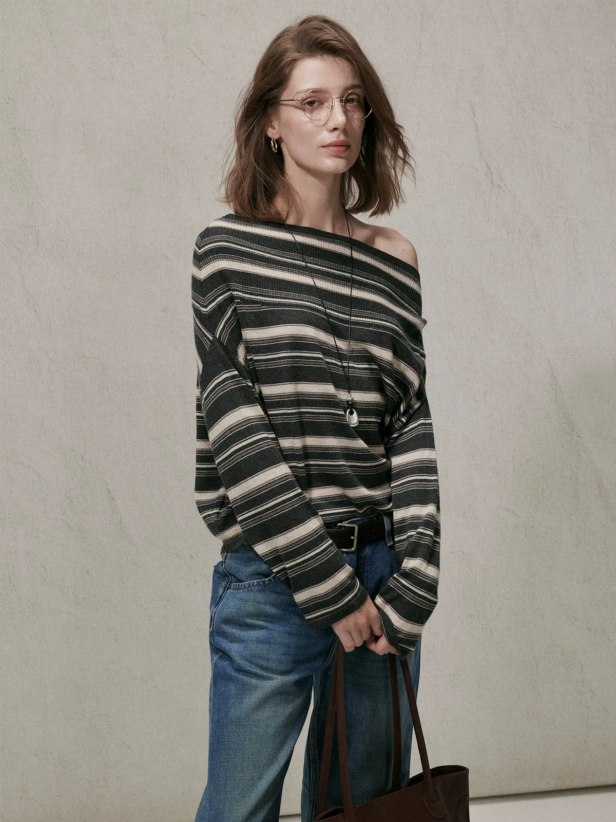 MOOFEEL Striped Silk-Wool Knit Top