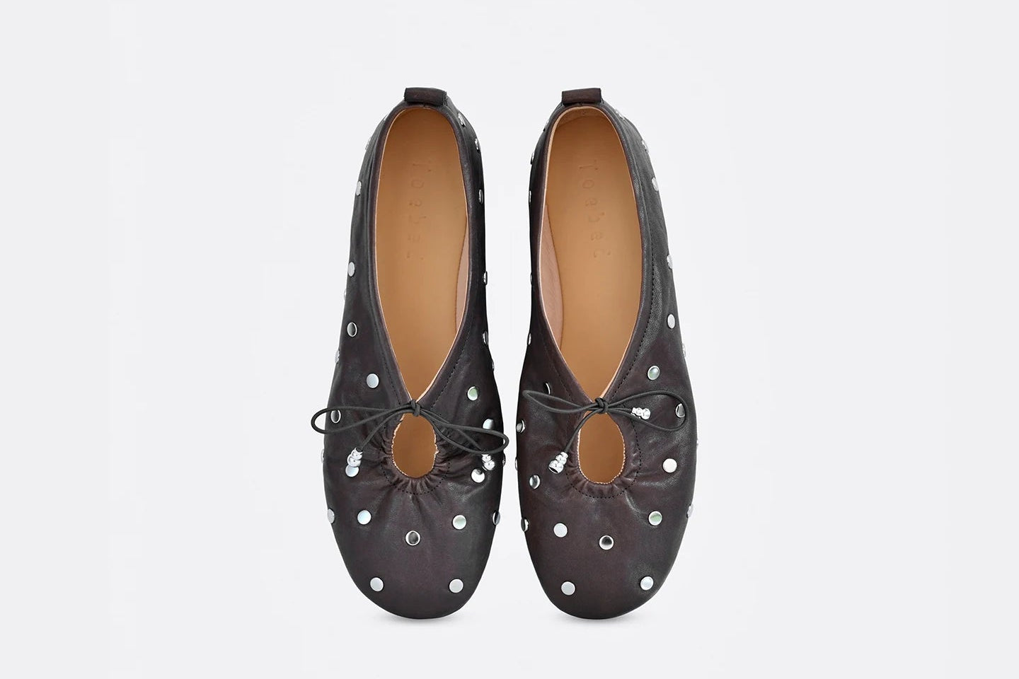Studded Waxed Leather Bow Detail Ballet Flats