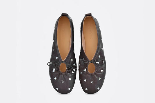 Studded Waxed Leather Bow Detail Ballet Flats