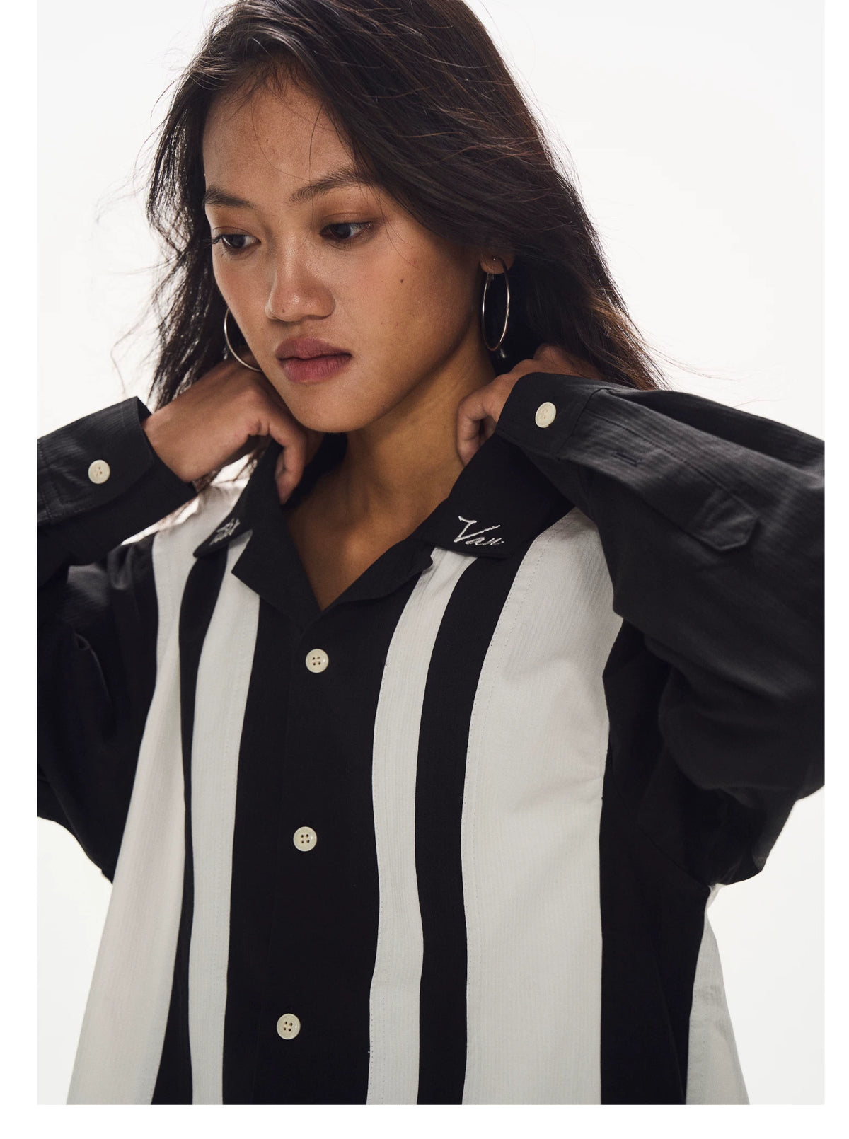 Contrast Stripe Button Up Shirt black and white product view