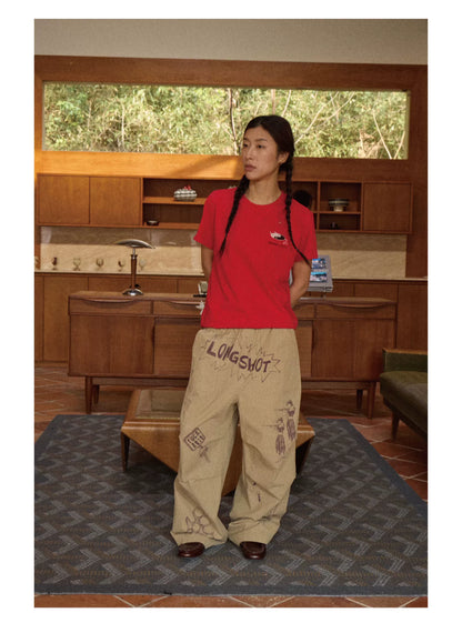 Hand-Drawn Print Wide-Leg Cargo Pants product photo