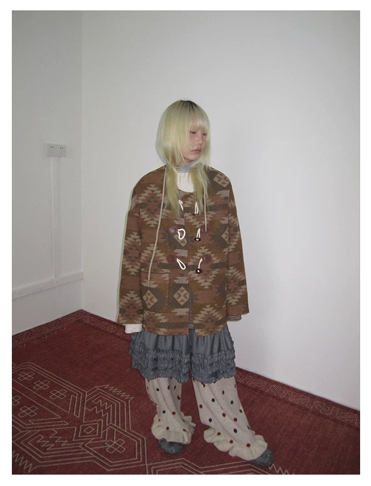 Brown Geometric Jacquard Padded Toggle Coat