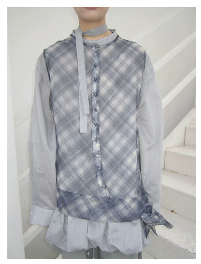 Blaues kariertes Mesh-Layering-Westen-Top