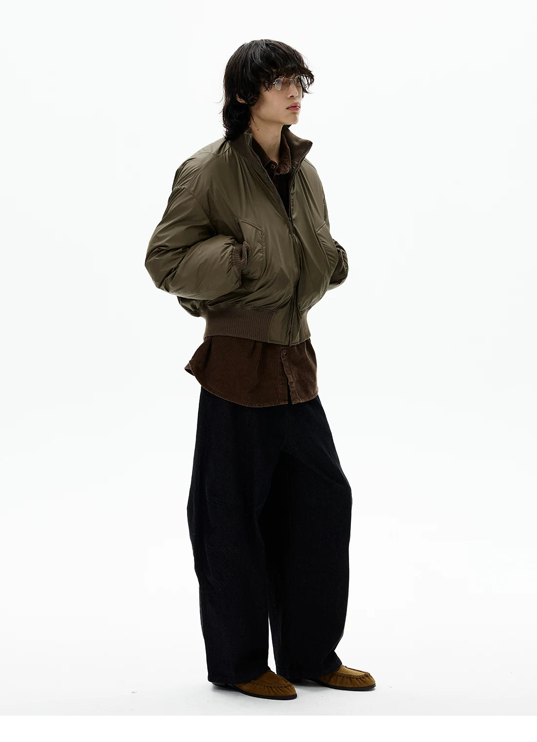 Khaki relaxed bomber jacket, side view