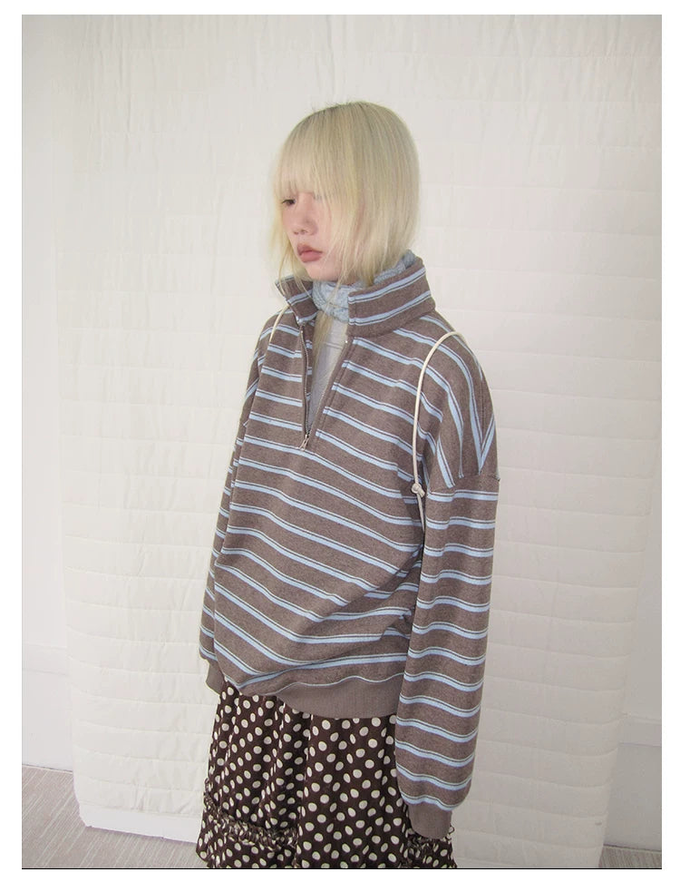 Brown Stripe Half-Zip Sweatshirt