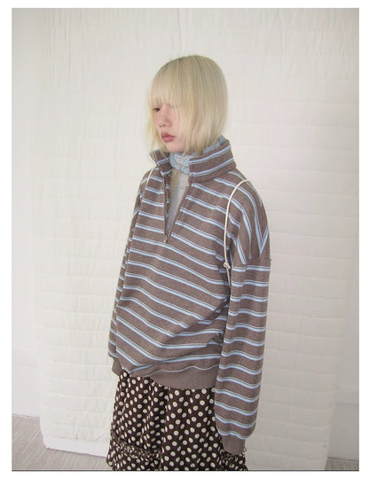 Brown Stripe Half-Zip Sweatshirt