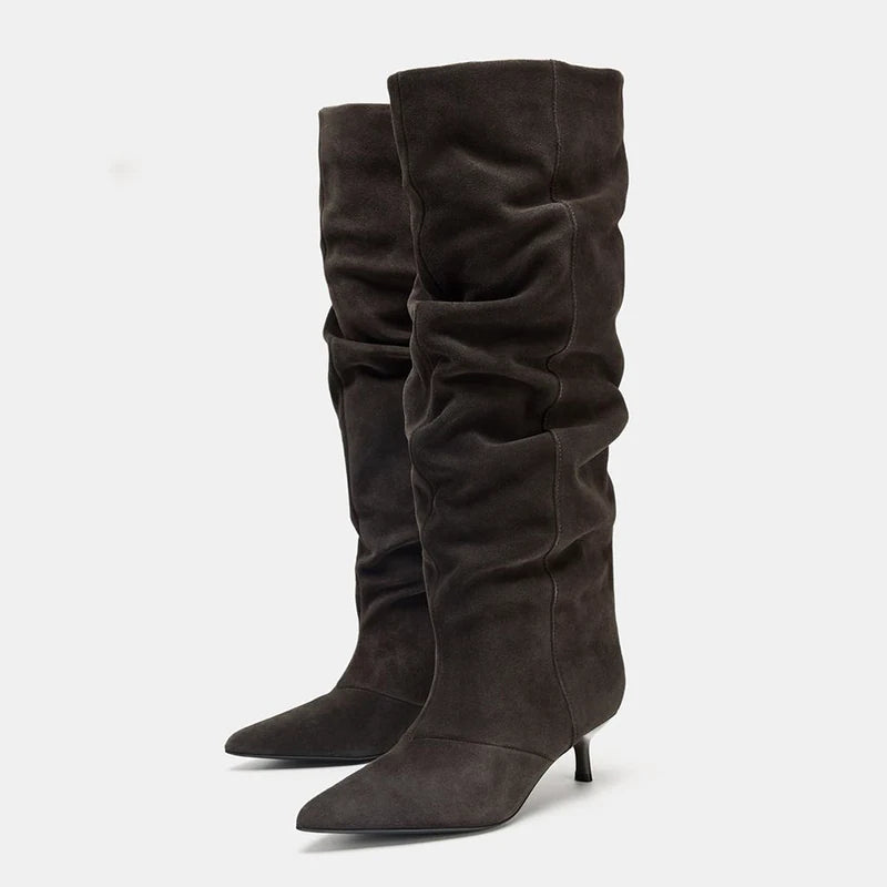 Women's Ruched Pointed Toe Kitten Heel Knee-High Boots
