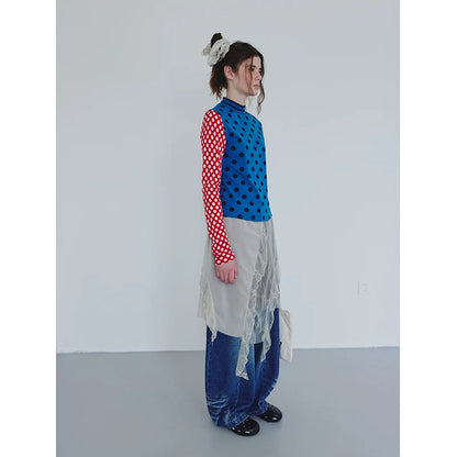 Blue Polka Dot Stripe Colorblock Long-Sleeve Tee