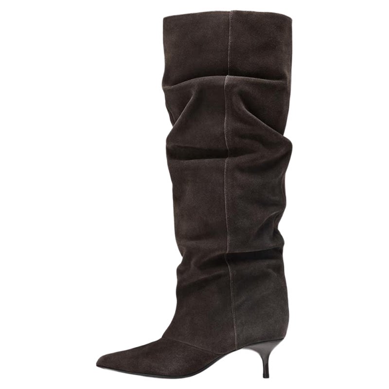 Women's Ruched Pointed Toe Kitten Heel Knee-High Boots