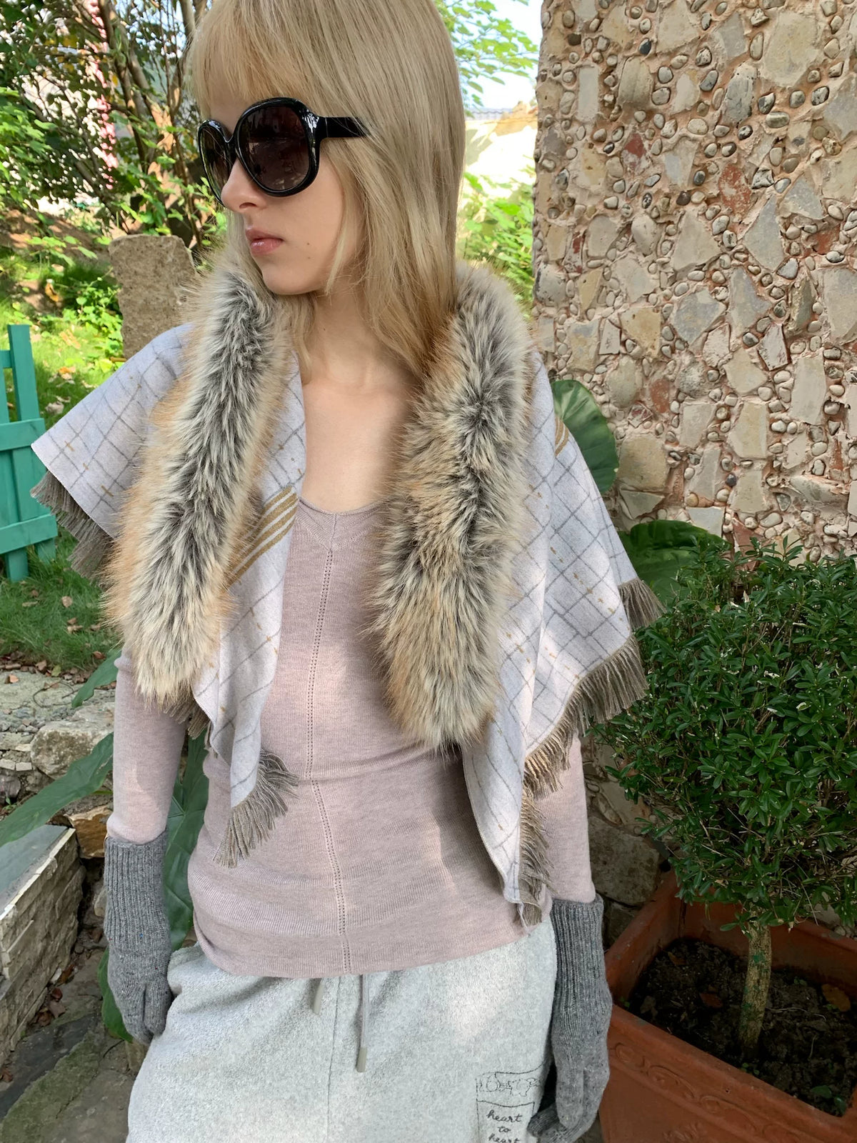 Detachable Fringe Plaid Wrap Scarf
