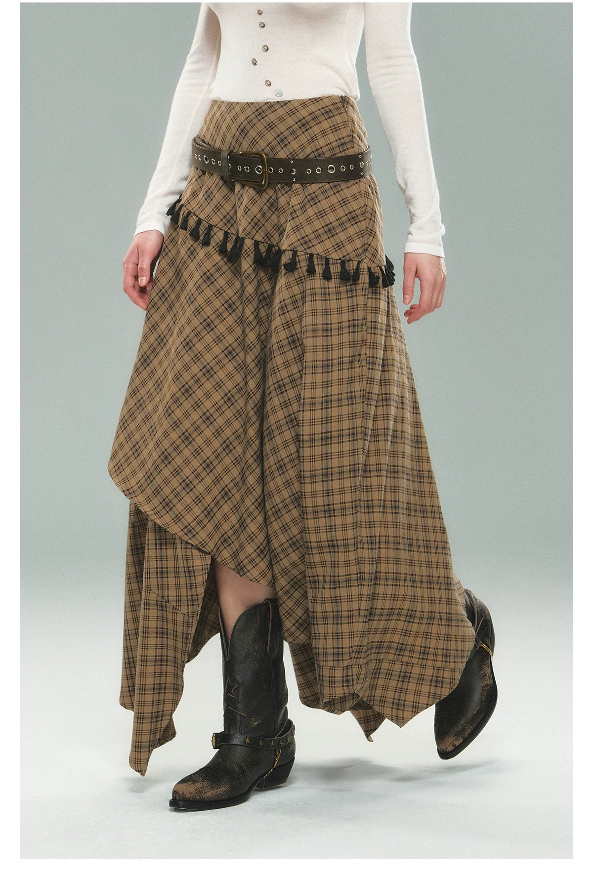 Asymmetric Plaid Maxi Skirt