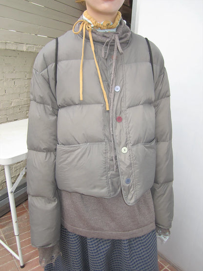 Grey Cropped Stand-Collar Down Jacket