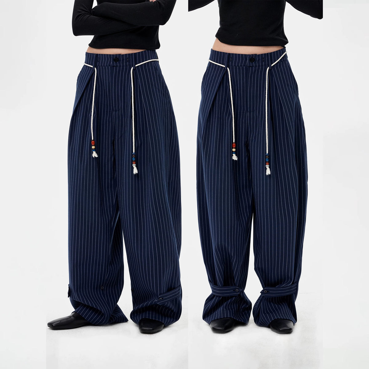 Tencel Blend Striped Convertible Wide-Leg Pants