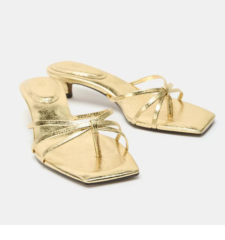 Women's Square Toe Kitten Heel Thong Sandals