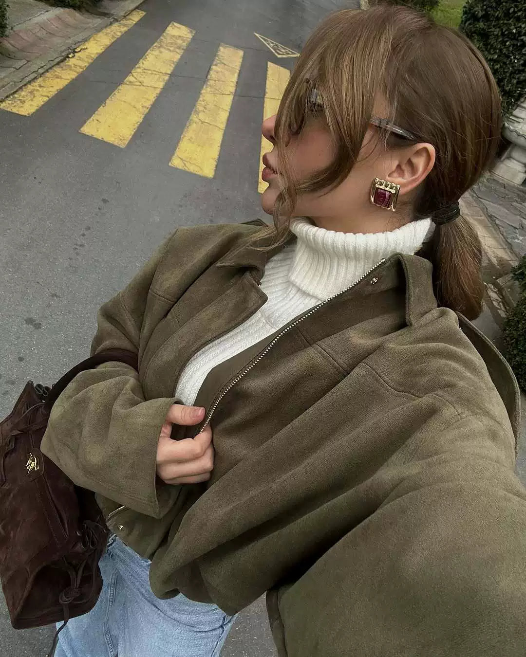Relaxed Faux Suede Bomber Jacket