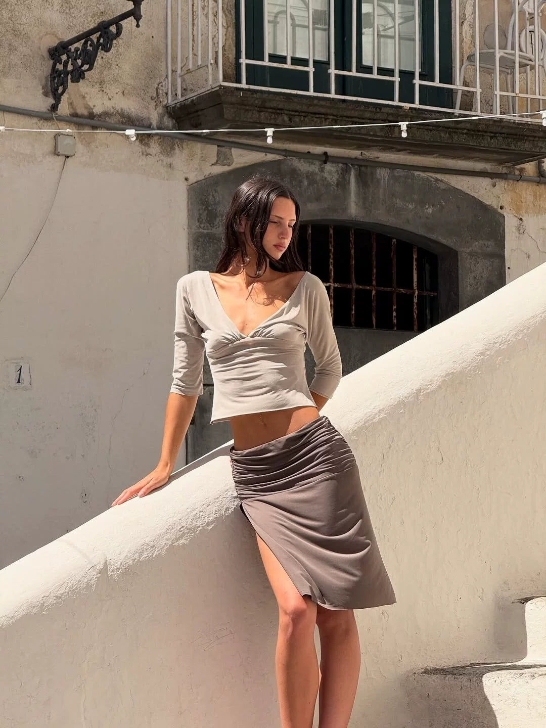 V-Neck Top & Midi Skirt