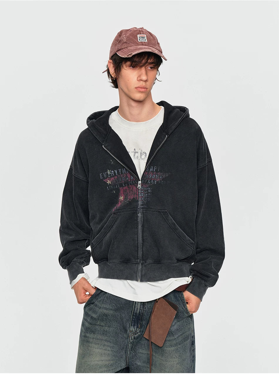 Full-length view of the red zip hoodie