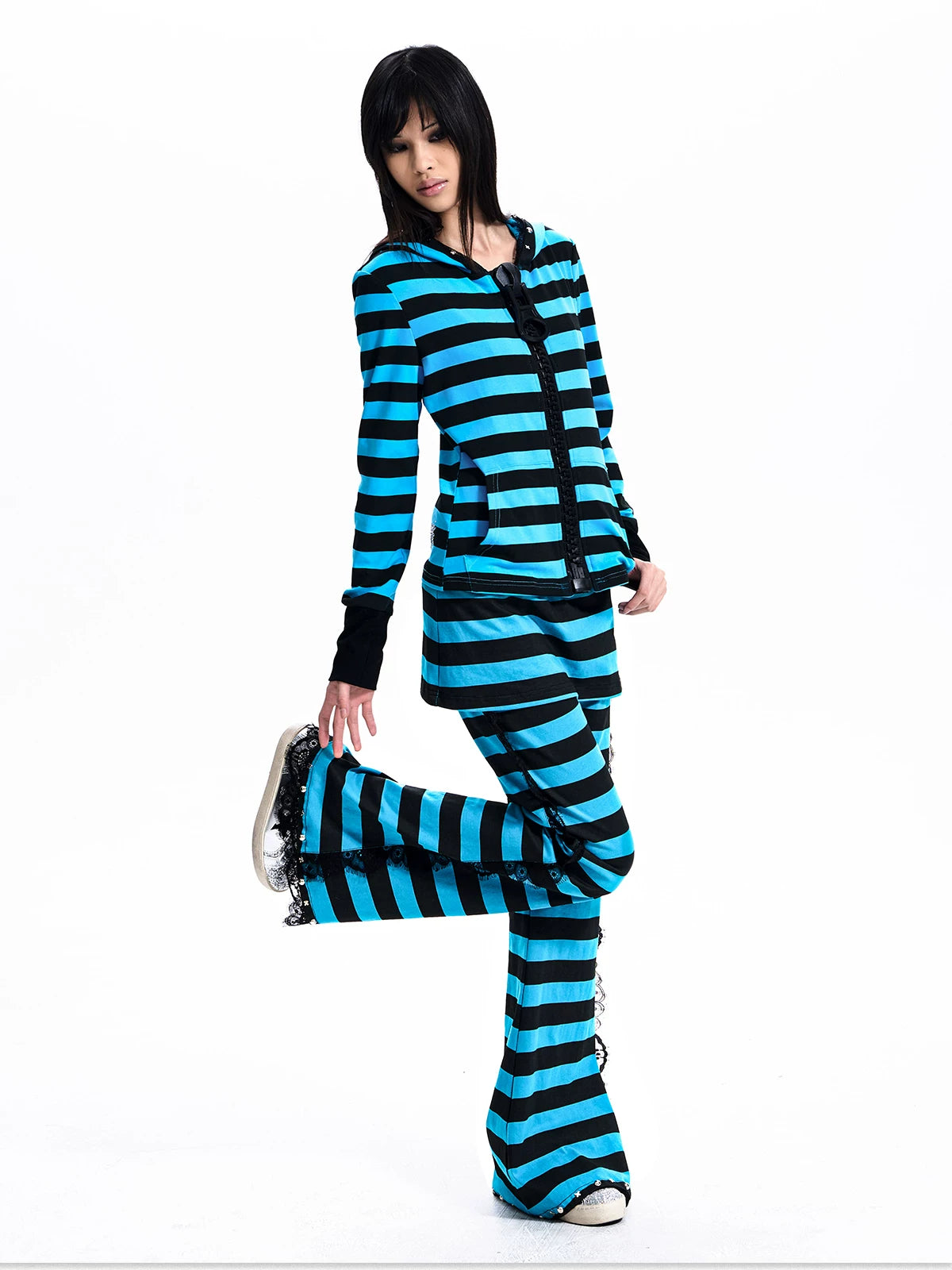 Striped Lace-Trim Flare Pants