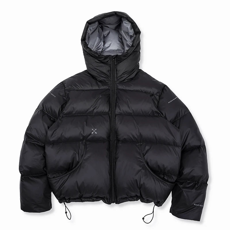Black hooded puffer jacket, product view