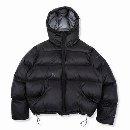 Black hooded puffer jacket, product view