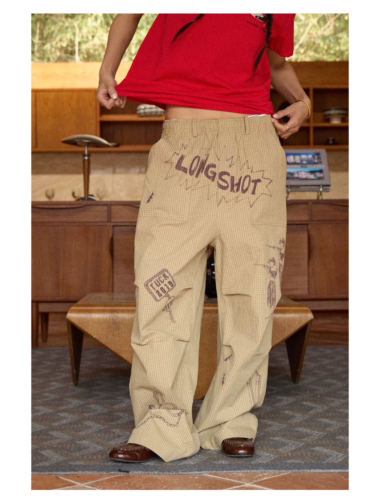 Hand-Drawn Print Wide-Leg Cargo Pants product photo