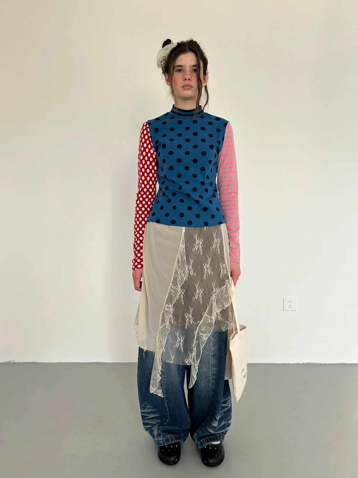 Blue Polka Dot Stripe Colorblock Long-Sleeve Tee