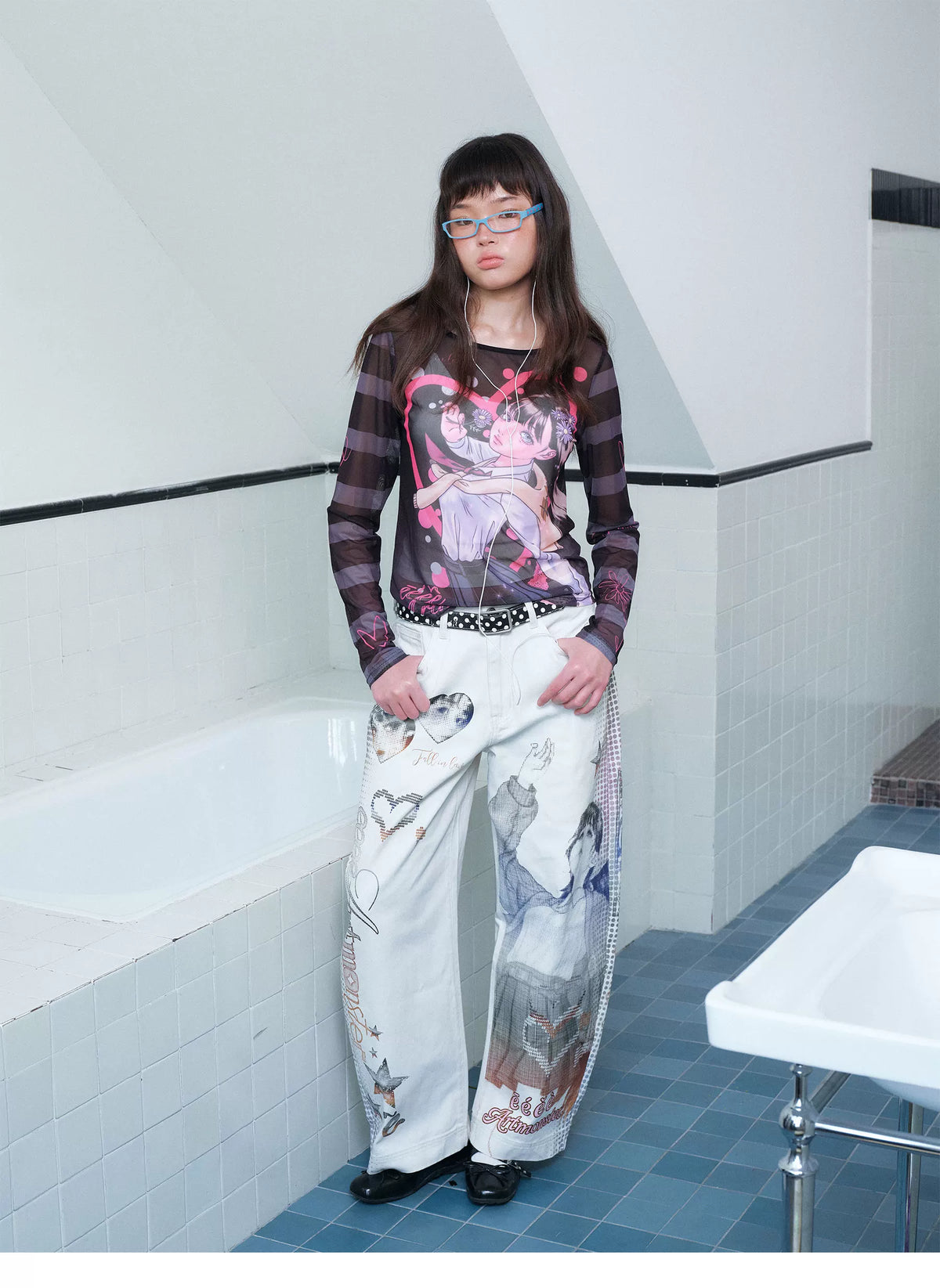 Printed Mesh Sleeve Long Sleeve Top