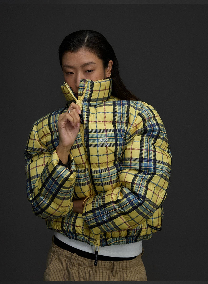 Yellow Plaid Hooded Puffer Jacket product photo, yellow plaid