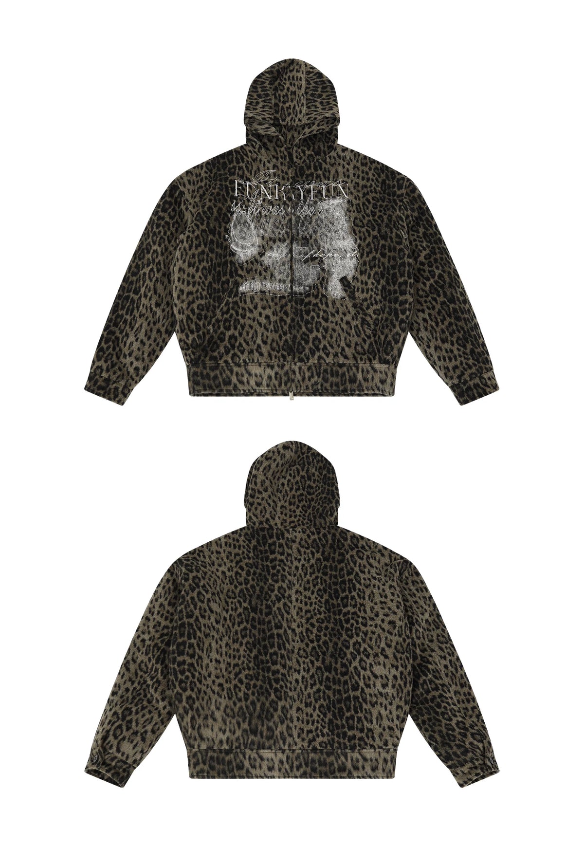 Distressed Leopard Print Padded Hooded Jacket front and back