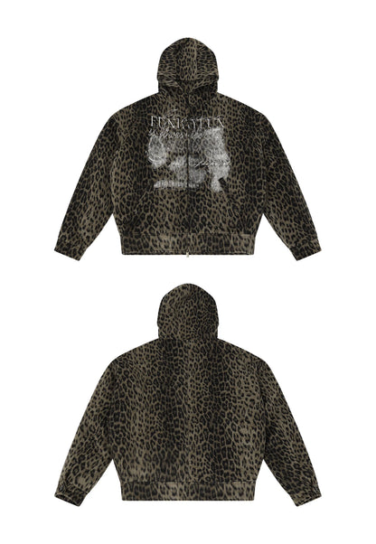 Distressed Leopard Print Padded Hooded Jacket front and back