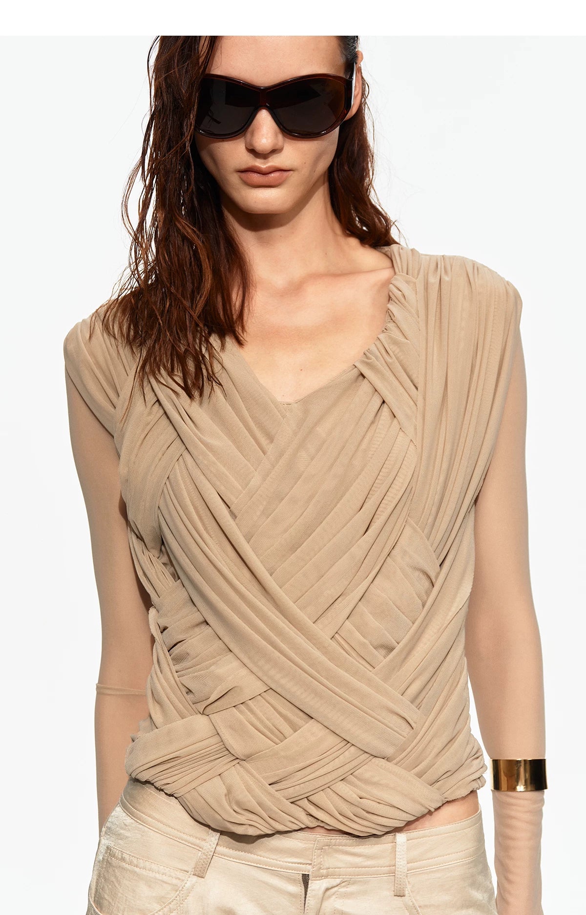 Interwoven V-Neck Fitted Long-Sleeve Top