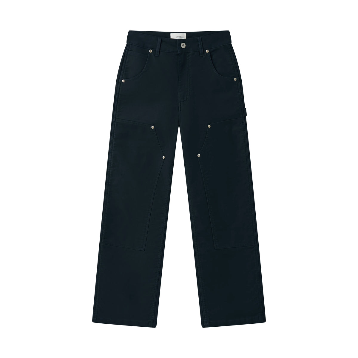 Dark cotton moleskin double-knee pants on a white background