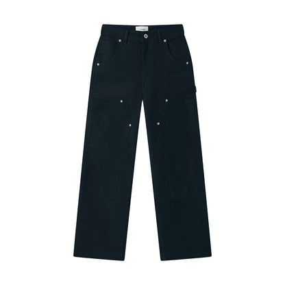 Dark cotton moleskin double-knee pants on a white background