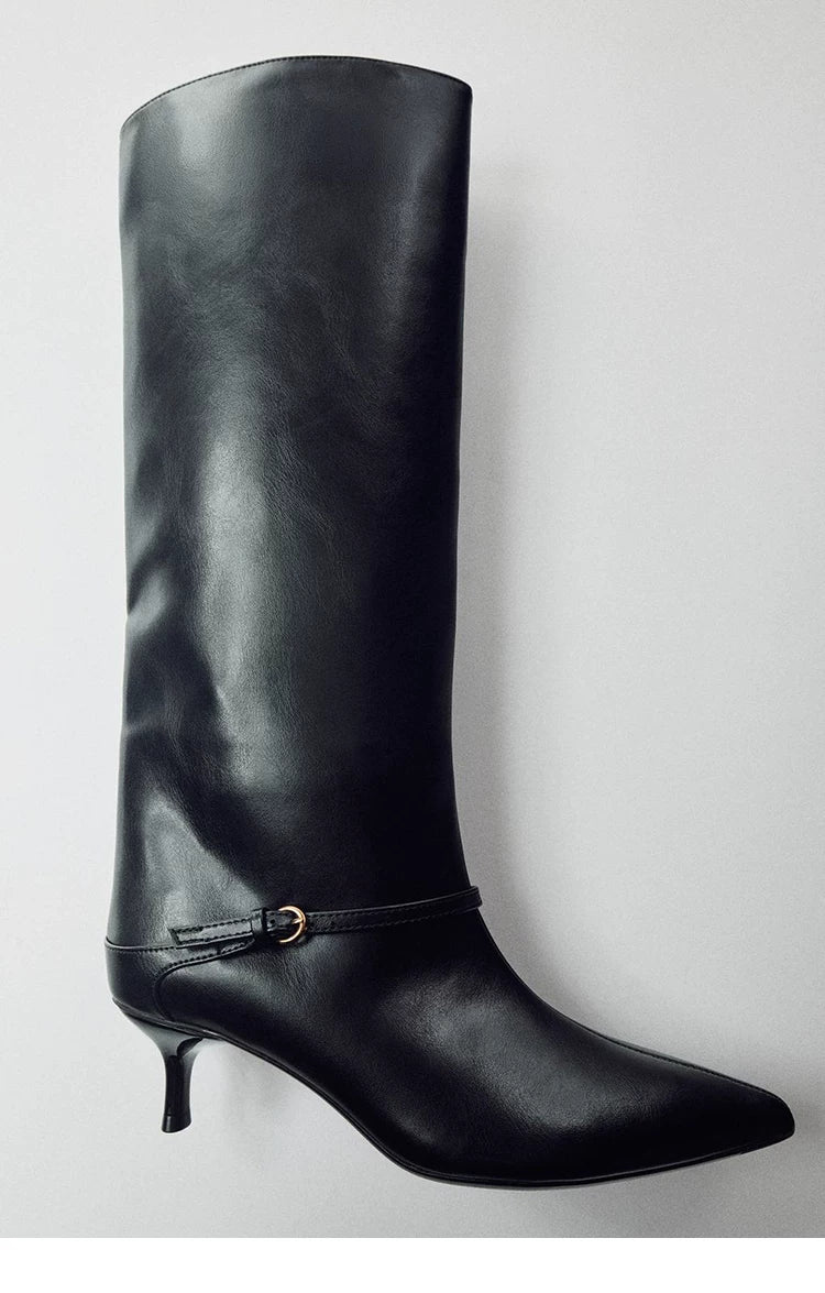 Women's Pointed Toe Kitten Heel Wide-Shaft Boots