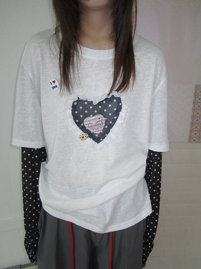 Heart Applique Polka Dot Long Sleeve Tee
