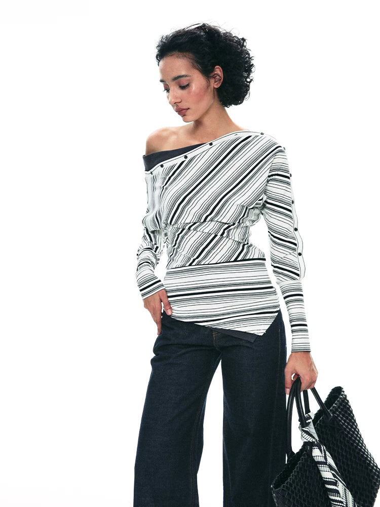 Striped One-Shoulder Long Sleeve Top product view
