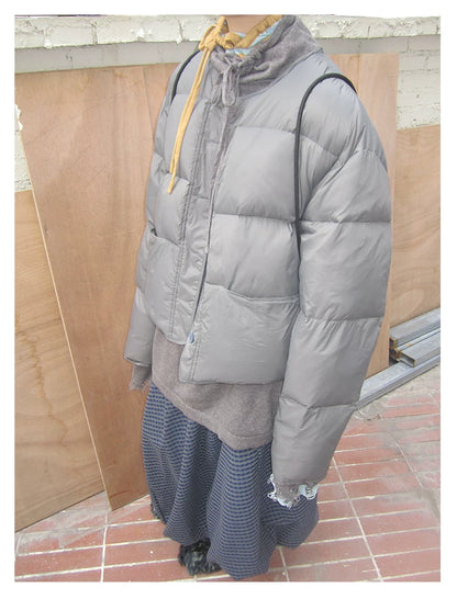 Grey Cropped Stand-Collar Down Jacket