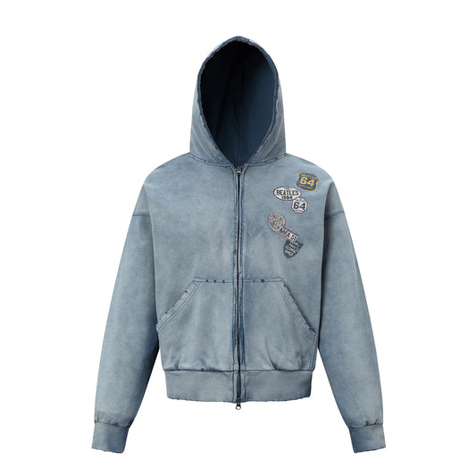 Distressed Graphic Cropped Zip-Up Hoodie