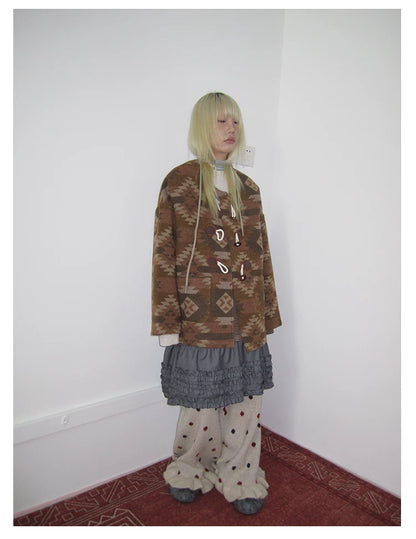 Brown Geometric Jacquard Padded Toggle Coat