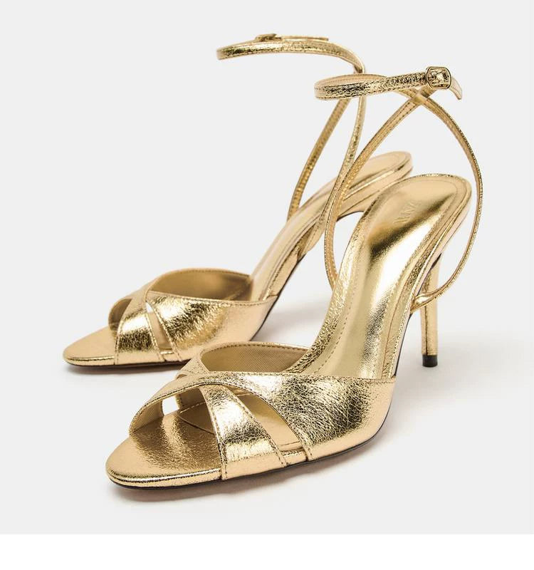 Women's Gold Open Toe Stiletto Ankle Strap Sandals